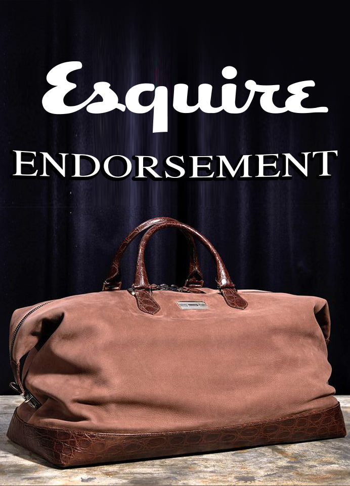 Darby Scott men's cocoa colored duffle bag with Croc trim shown and Esquire Magazine's Endorsement and Logo 