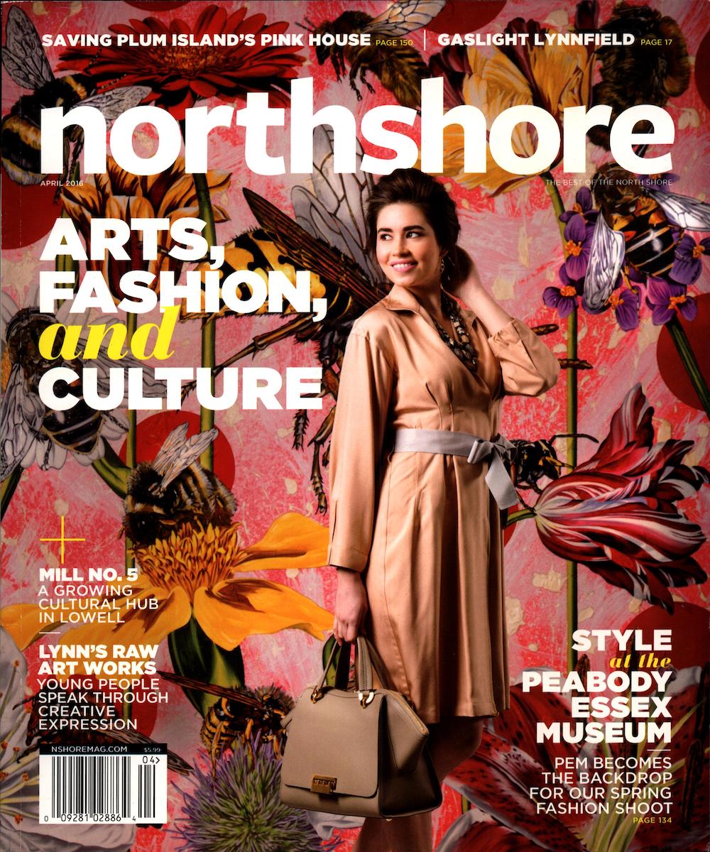 Model in Darby Scott Coat-Dress on cover of Northshore Magazine April 2016