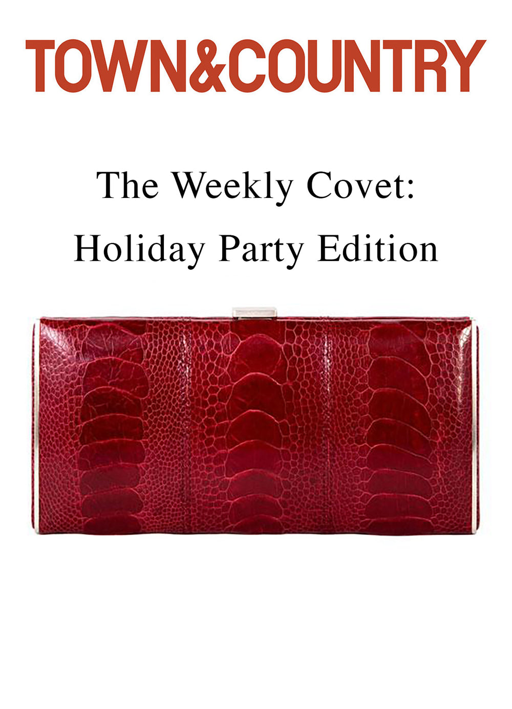 Darby Scott red wallet under Town and Country logo as featured in Holiday Gift guide on town&country.com website