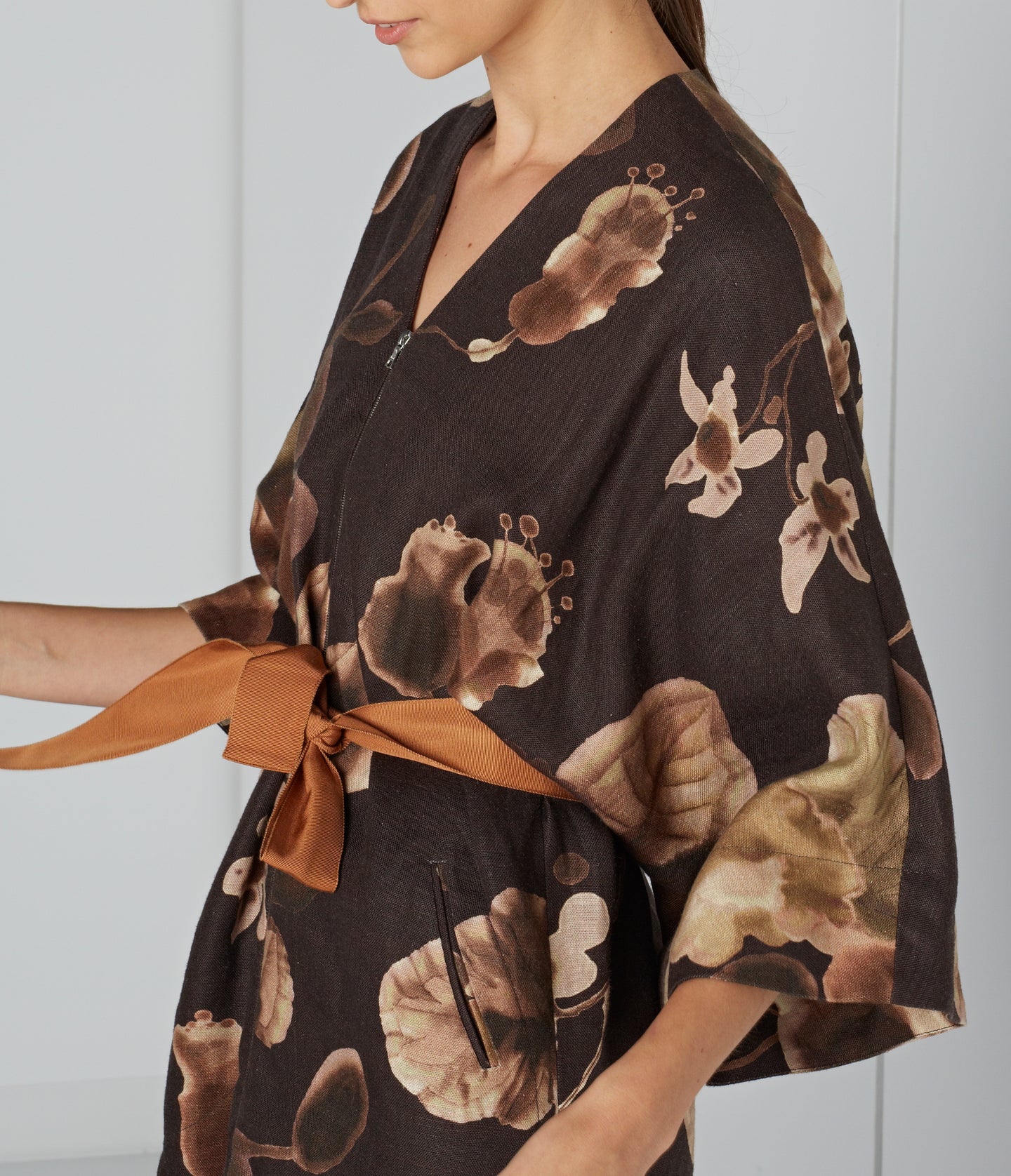 Terracotta ribbon belt on brown floral kimono dress - Darby Scott
