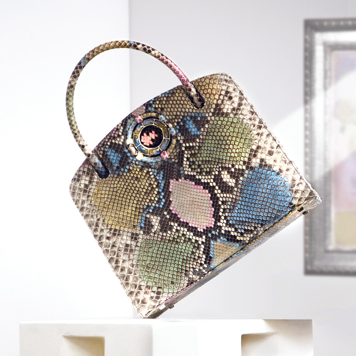 Pastel python Annette top handle handbag with labradorite gemstone grommet - Darby Scott