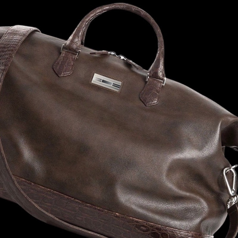 Dark Brown Aspen Travel Bag in leather with croc trim - Darby Scott