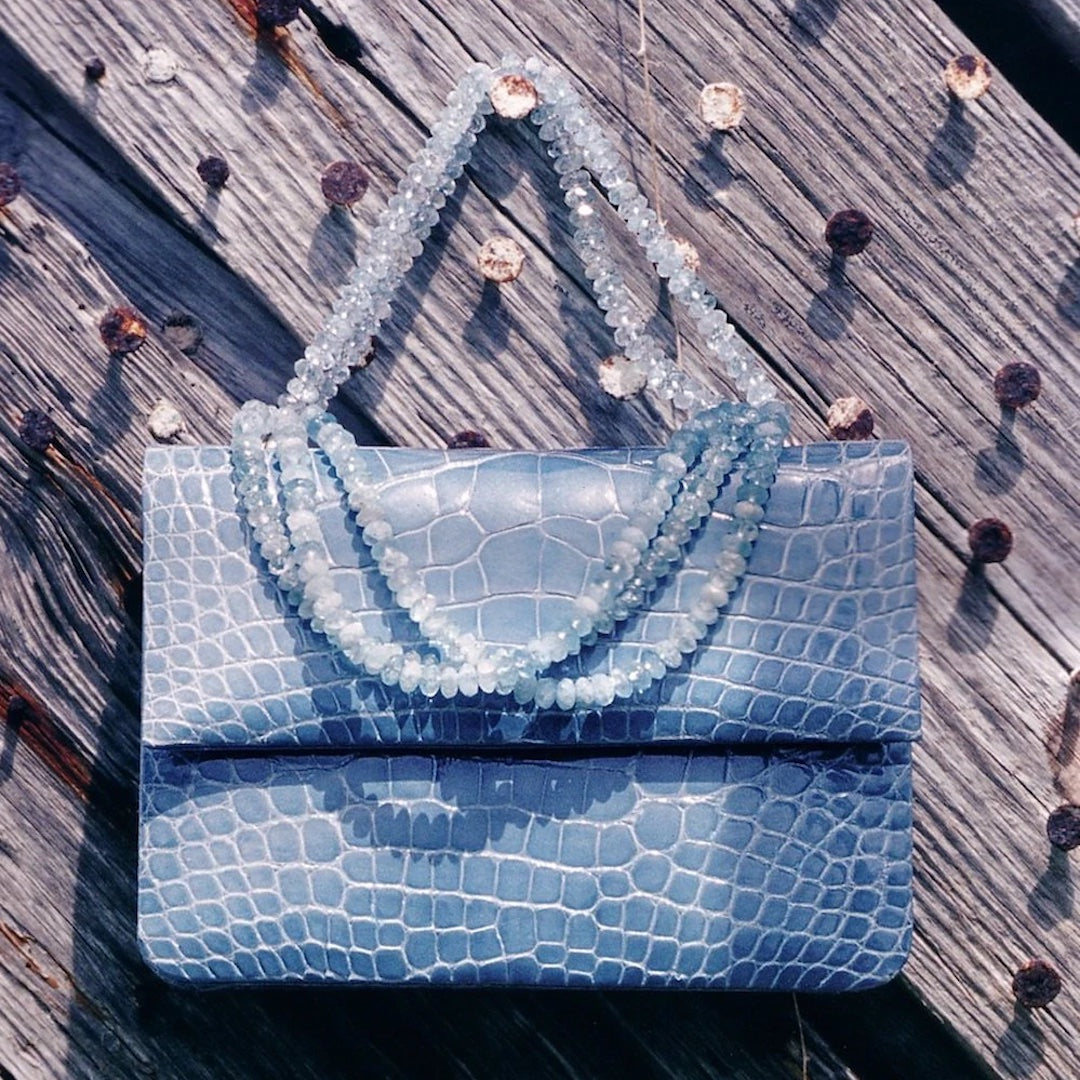 Light Blue Croc Iconic Bag with Aquamarine gemstone handle - Darby Scott