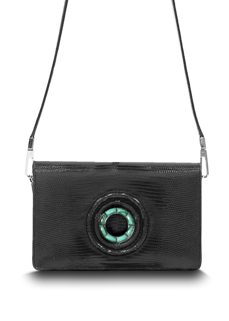 Black Lizard Anna Cross Body Bag with Malachite Gemstone Grommet - Darby Scott