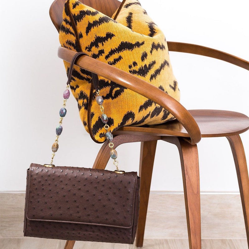 Chocolate Ostrich Shoulder Bag on Chair - Darby Scott