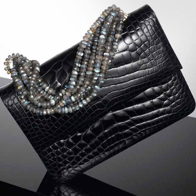 Handbag in Navy Crocodile with Iconic Necklace Handle in Faceted Labradorite Gemstones - Darby Scott