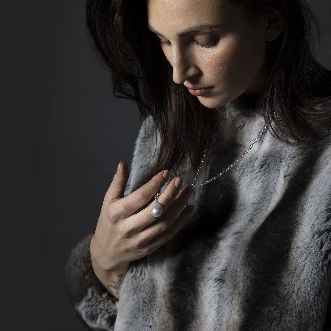 Baroque pearl necklace on model - Darby Scott