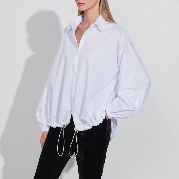 Long sleeve white blouse on model - Darby Scott