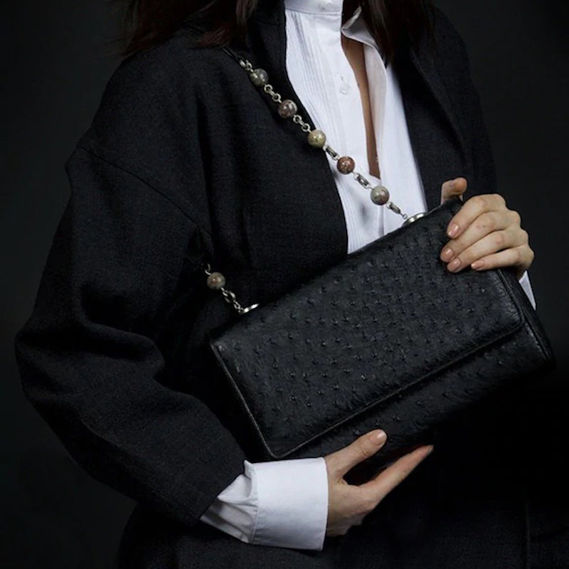 Black Ostrich Leather Chain & Jewel Shoulder Bag - Darby Scott