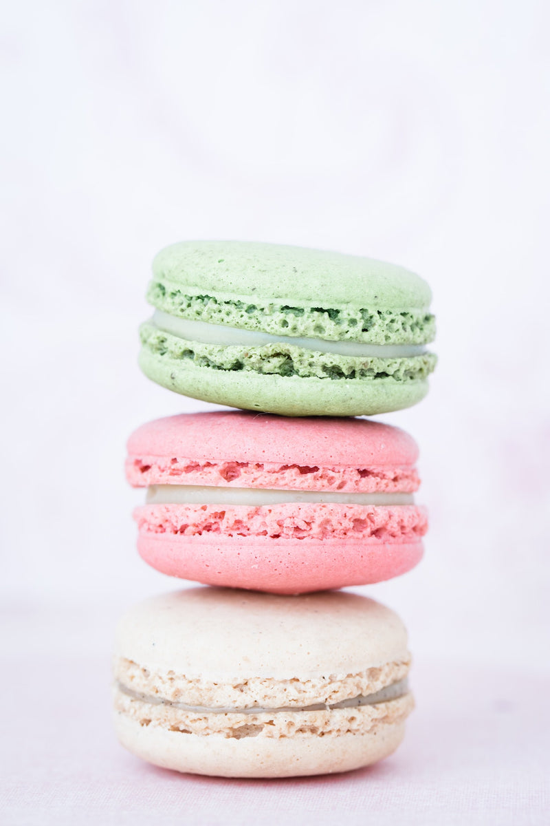 Macarons in green pink and ivory - photo credit Heather Barnes