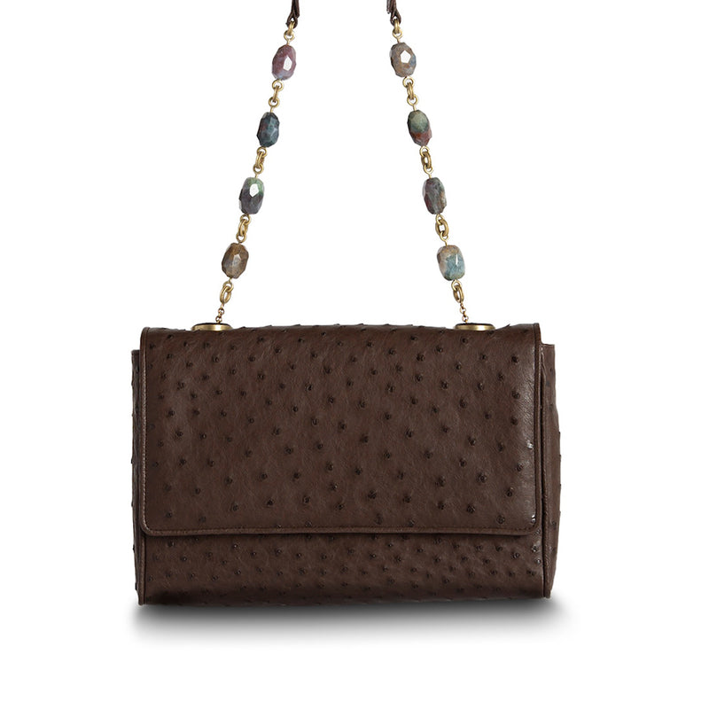 Brown Ostrich Chain & Jewel Shoulder Bag, Front View - Darby Scott