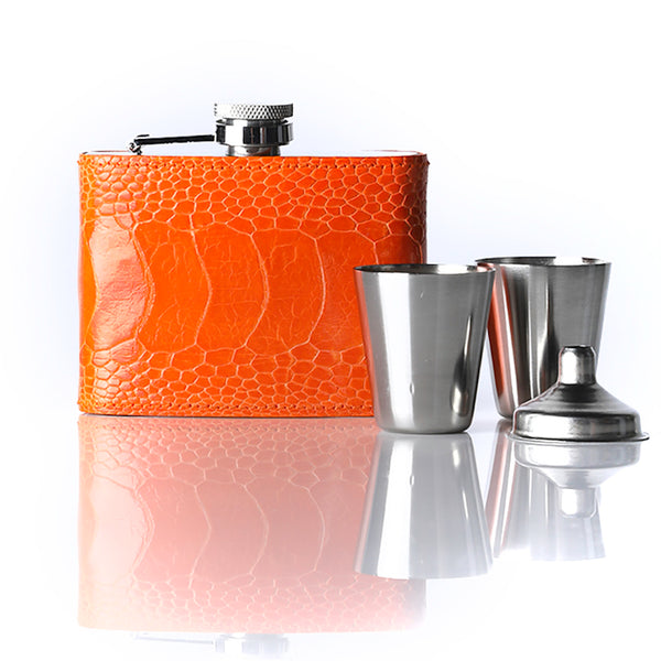 Orange Ostrich Leg Covered Flask with two cups and funnel - Darby Scott