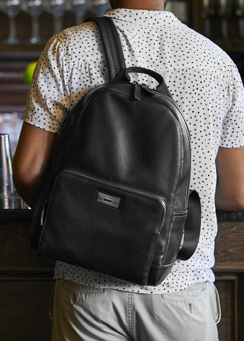 Model with Black Leather Monogram Stuart Backpack - Darby Scott
