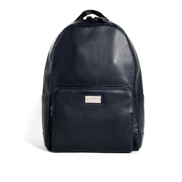 Navy Leather Stuart Backpack with Sterling Silver Monogram Plate- Darby Scott