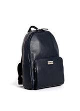 Angled View of Navy Leather Monogram Stuart Backpack - Darby Scott