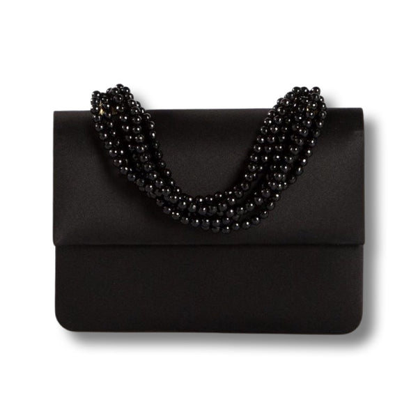 Black Silk-Satin Jeweled Handbag with Black Onyx multi-strand necklace handle- Darby Scott