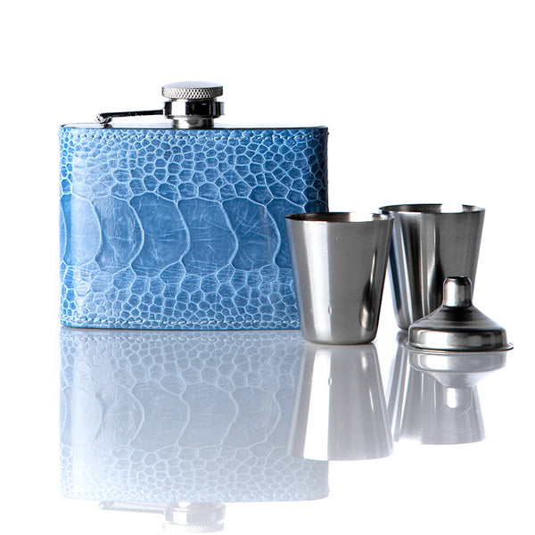 Bright Blue Ostrich Leg Covered Flask with 2 Cups and Funnel - Darby Scott