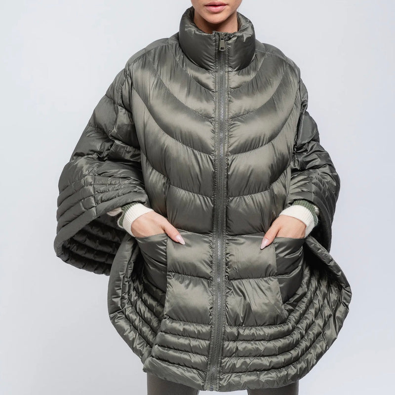 Olive puffer cape on model