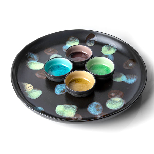 Ceramic Stoneware Round Platter in Matte Ebony with colorful dappled spots 