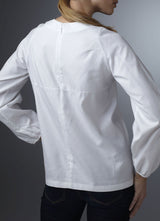 Back view of model in White Cotton Long Sleeve Blouse - Darby Scott