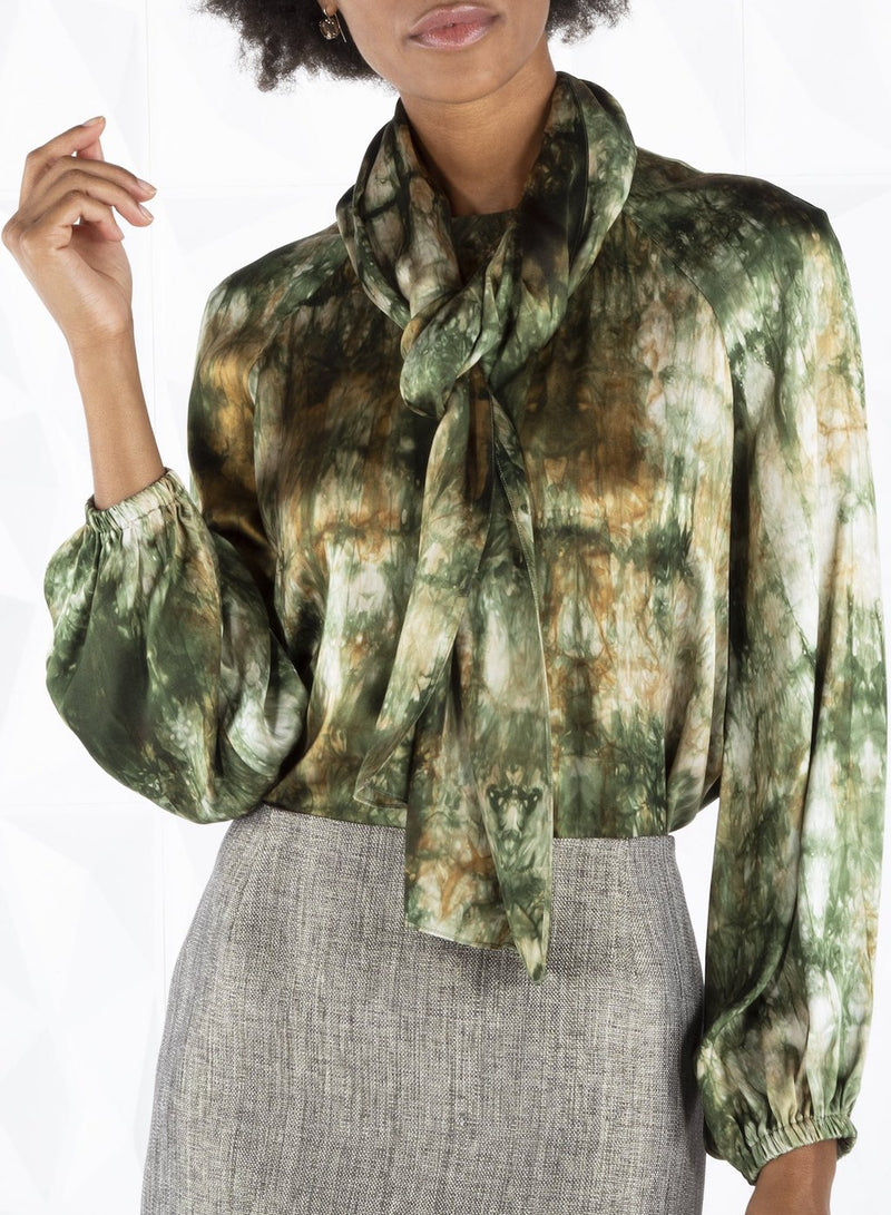 Model in Tie Dyed Camouflage Print Long Sleeve with Scarf - Darby Scott