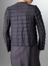 Model in Grey Silk Grosgrain Ribbon Jacket back view - Darby Scot