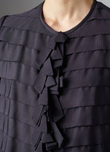 Model in Grey Silk Grosgrain Ribbon Jacket Close up front - Darby Scott