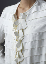 Model in Ivory Silk Grosgrain Ribbon Jacket close up front - Darby Scott