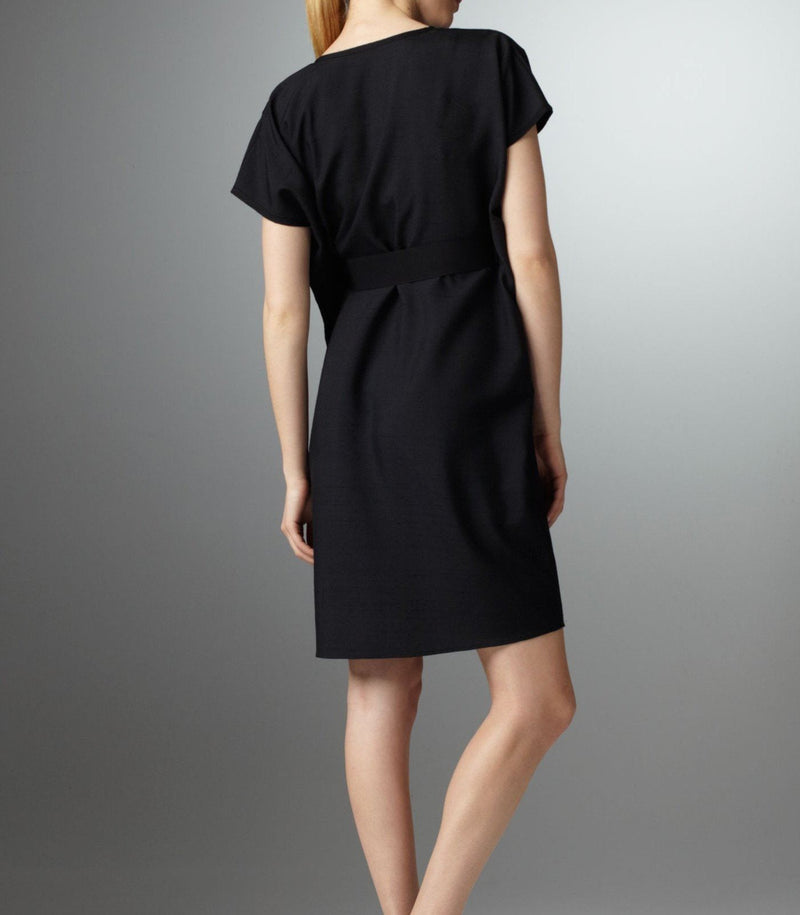 Back view of model in Black Silk knee length caftan style dress - Darby Scott