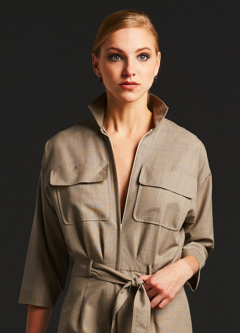 Detail of front zipper on Taupe Cool Wool Belted Jumpsuit - Darby Scott