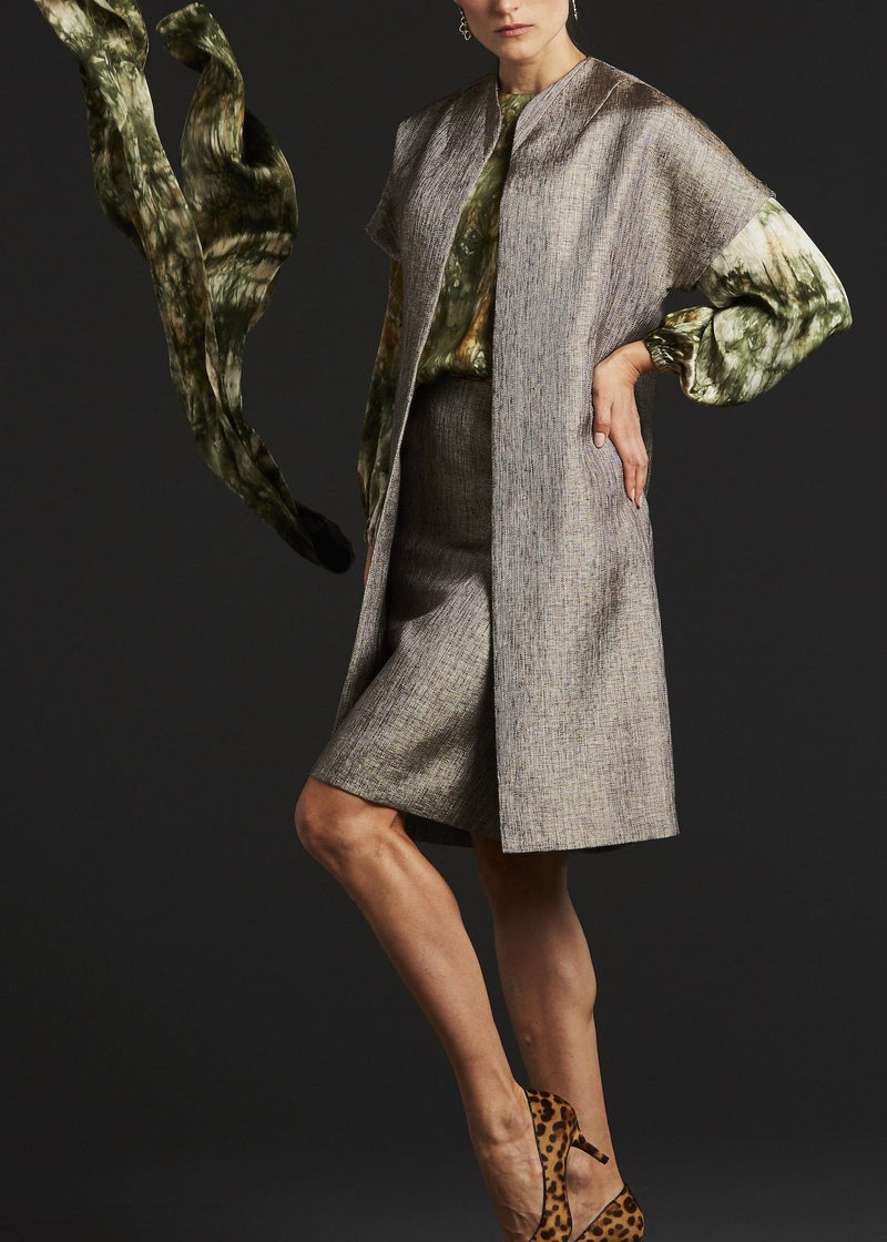 Topper Coat, Pencil Skirt & Silk Tie-Dyed Camo Blouse on model - Darby Scott