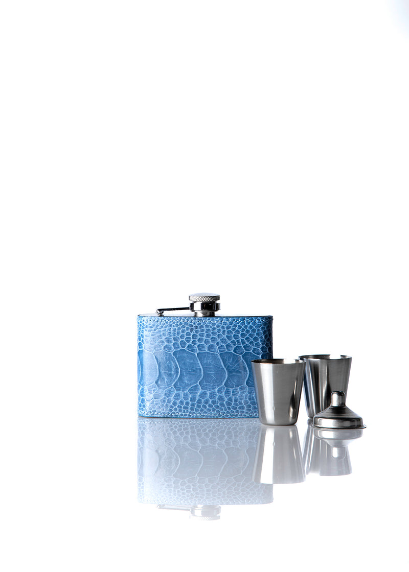 Bright Blue Ostrich Leg Covered Flask with 2 Cups and Funnel - Darby Scott