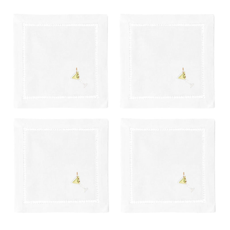 Cocktail napkins with embroidered martini in glass on corners