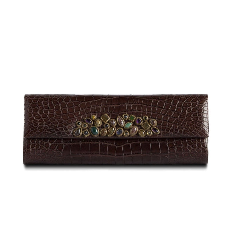 Exotic crocodile roll clutch in chocolate with gemstone mosaic embellishment - Darby Scott