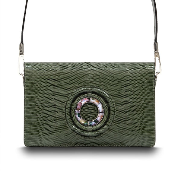 Green Lizard Jeweled Handbag, Anna Convertible Crossbody with Jasper Gemstones- Darby Scott