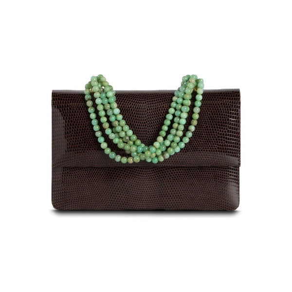 Exotic lizard iconic necklace Jeweled handbag in brown with chrysoprase handle - Darby Scott