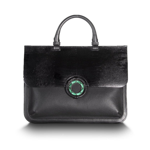 Black Lizard & Leather Jeweled Handbag, Sydney Convertible Satchel with Malachite Gemstones - Darby Scott