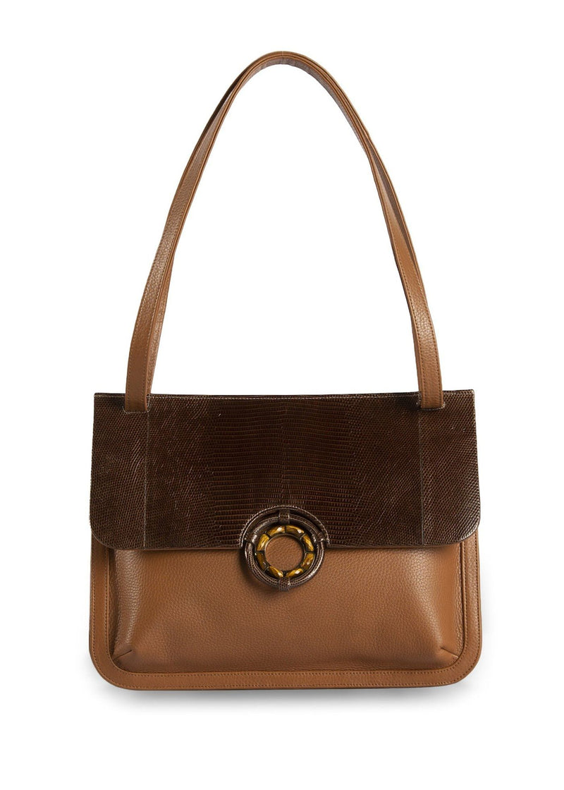 Exotic lizard & pebble leather saddle bag in cognac & brown with tiger eye grommet - Darby Scott