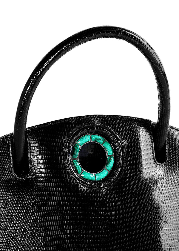Exotic lizard Annette top handle tote in black with malachite grommet detail - Darby Scott
