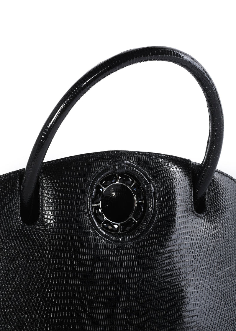 Exotic lizard Annette top handle tote in black with onyx grommet detail - Darby Scott
