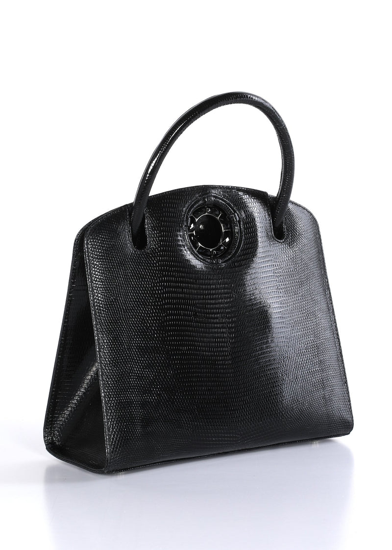 Exotic lizard Annette top handle tote in black with onyx grommet side- Darby Scott