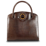 Chocolate Lizard Jeweled Handbag, Annette Top Handle Tote with Tiger Eye Gemstones - Darby Scott