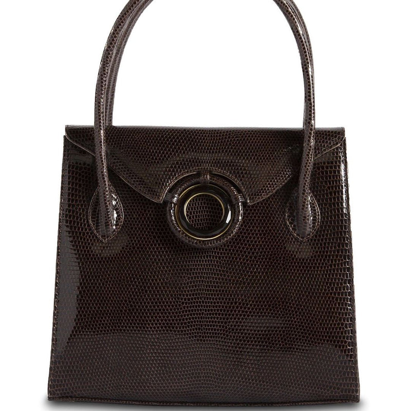Exotic Lizard Thompson 'O' Tote in brown with smokey topaz grommet - Darby Scott