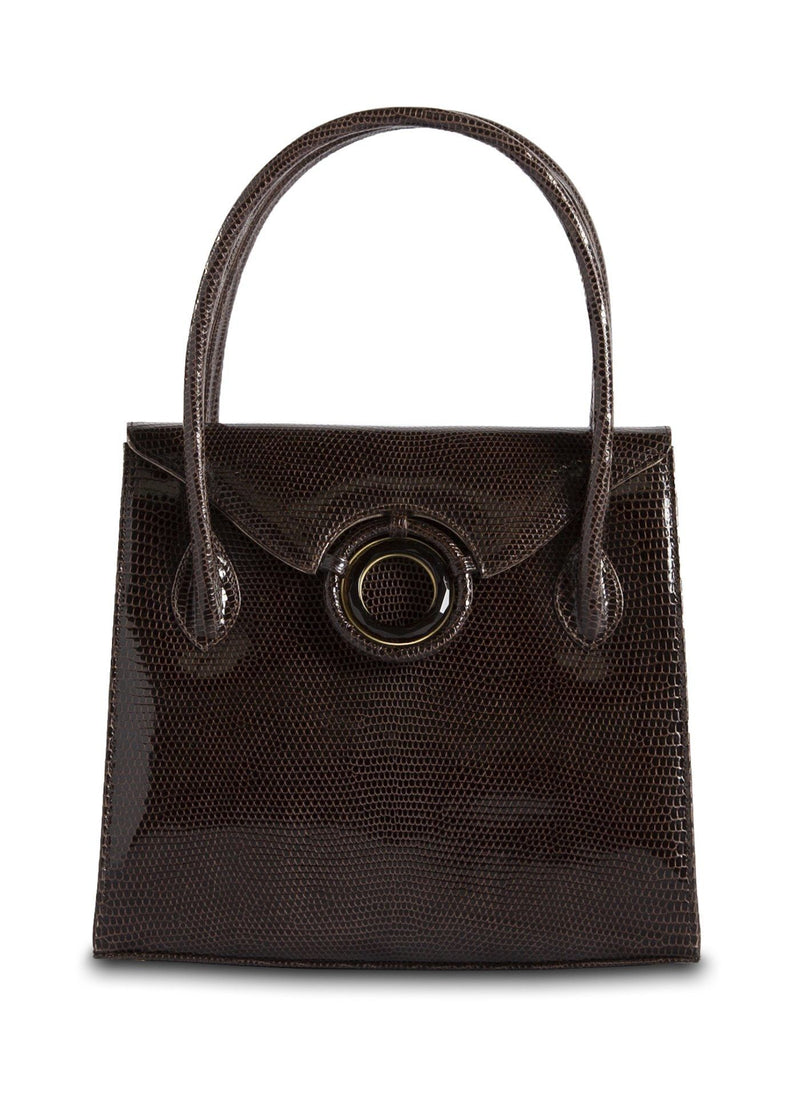 Exotic Lizard Thompson 'O' Tote in brown with smokey topaz grommet - Darby Scott