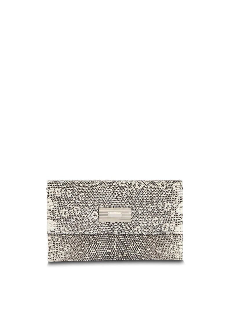 Exotic ring lizard mini clutch in black & white with sterling silver monogram plate - Darby Scott