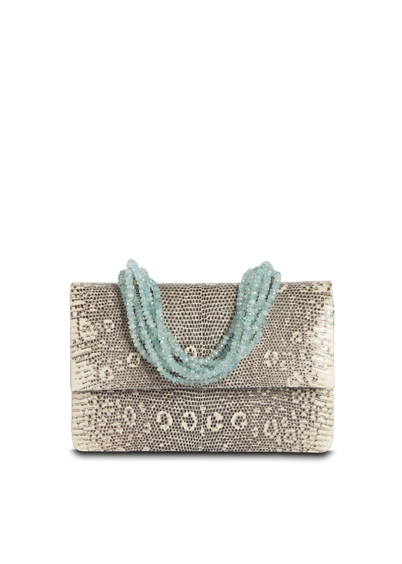 Exotic Ring Lizard Iconic Necklace Handbag in Black & White with Aquamarine Handle  - Darby Scott