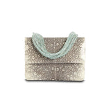 Exotic ring lizard mini iconic necklace jeweled handbag in black & white with aquamarine handle - Darby Scott