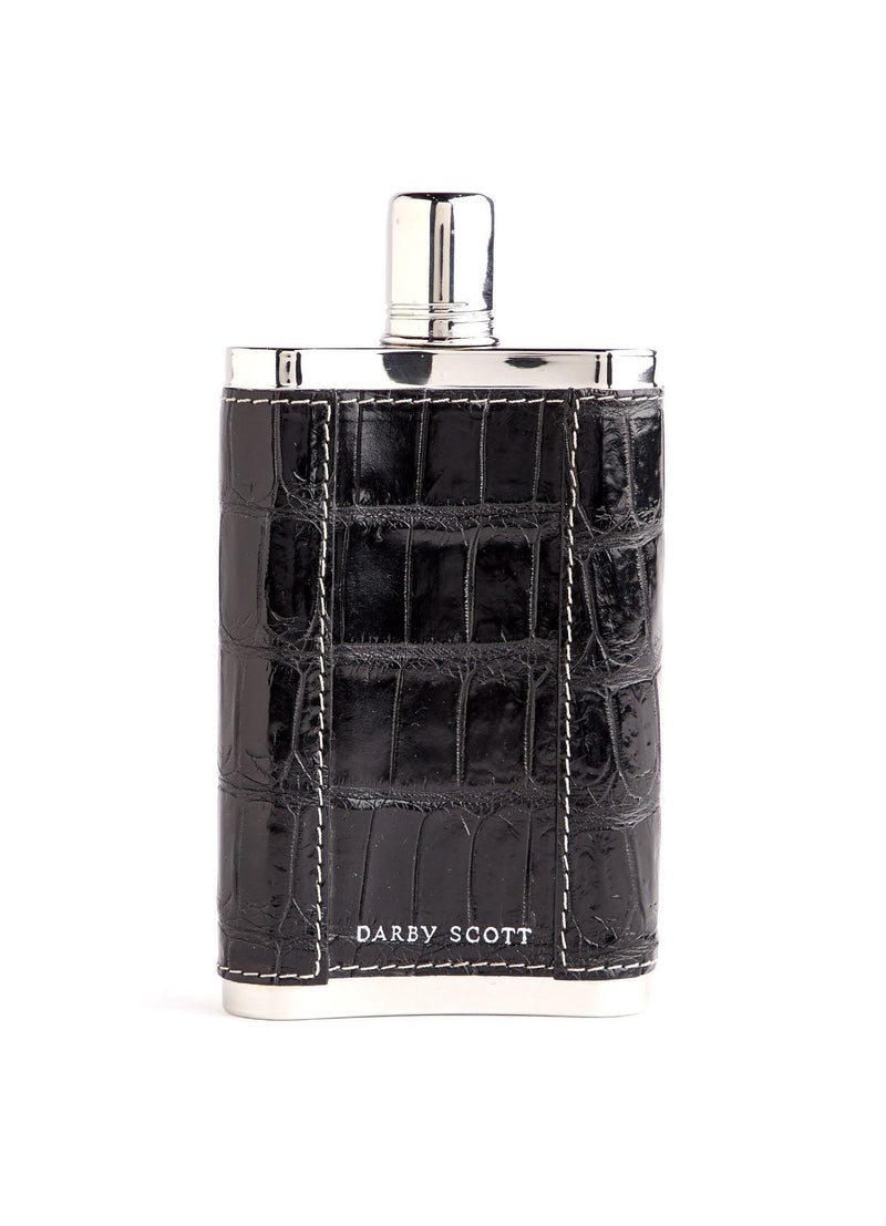 Black Crocodile Covered Stainless Steel 9 oz hip flask - Darby Scott