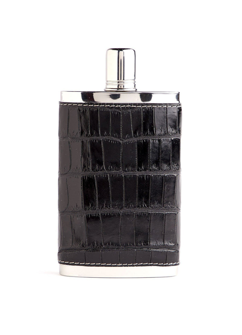  Black Crocodile Covered Stainless Steel 9 oz hip flask - Darby Scott