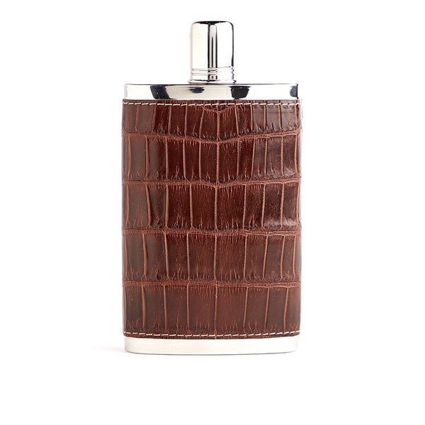 Brown Crocodile Covered Stainless Steel 9 oz hip flask - Darby Scott